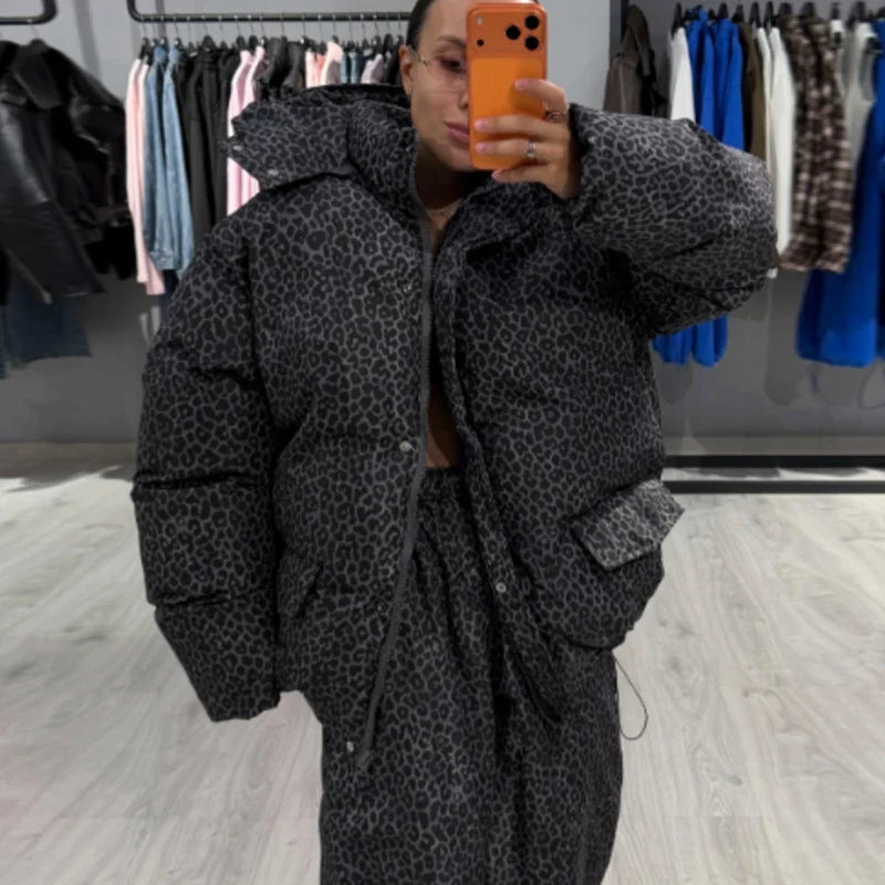 Damen Oversize Steppjacke Gemustert mit Kapuze