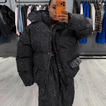 Damen Oversize Steppjacke Gemustert mit Kapuze