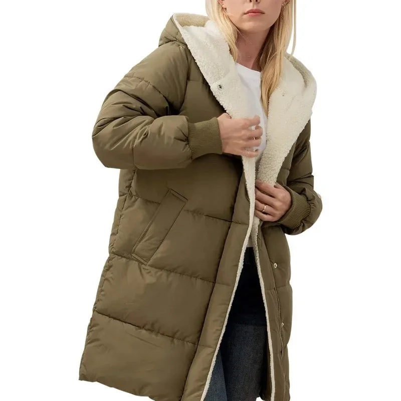 Damen Langer Steppmantel mit Kapuze Gefüttert Winter Jacke