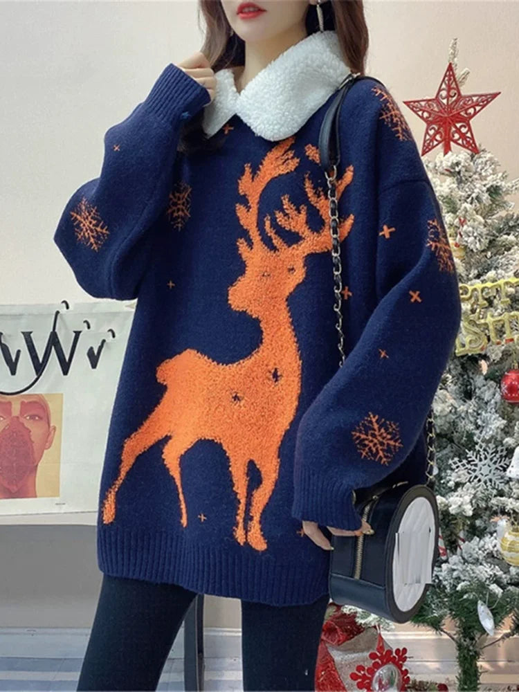 Damen Weihnachtspullover mit Rentier & Schneeflocken und Plüschkragen