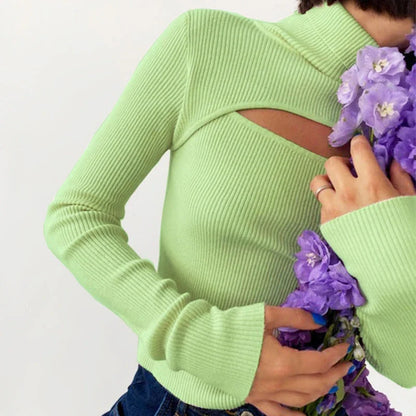 Damen Rollkragenpullover Gerippt mit Cut-Out Langarm Oberteil