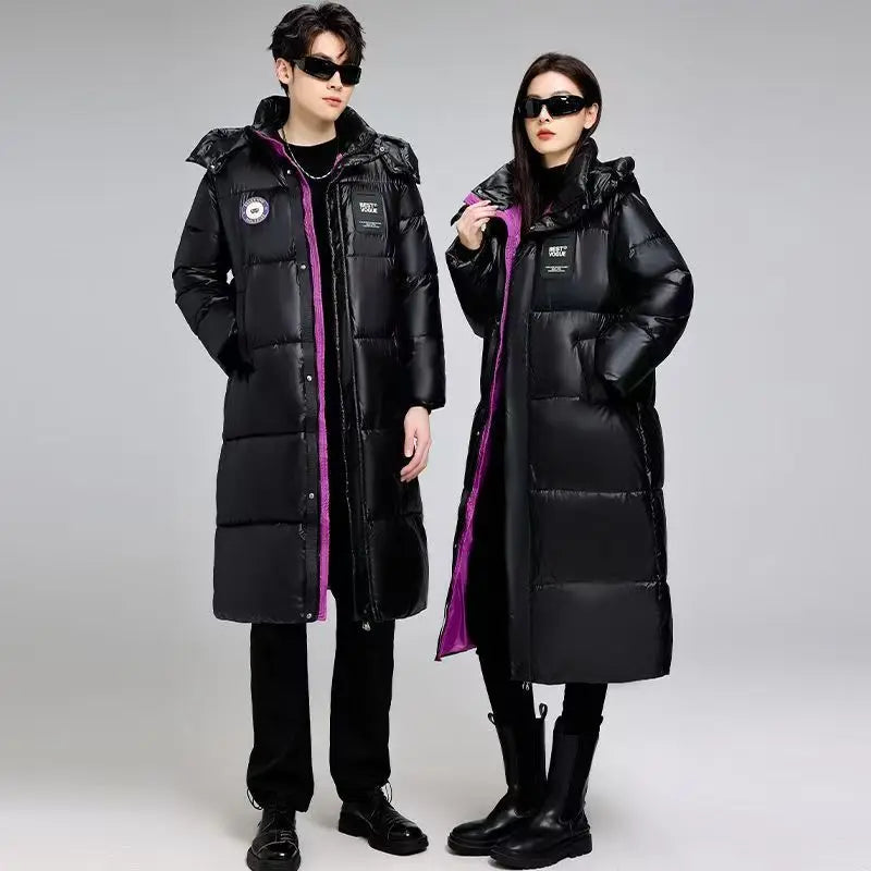Unisex Langer Steppmantel Schwarz mit Kapuze und Reißverschluss, Wintermantel für Damen & Herren