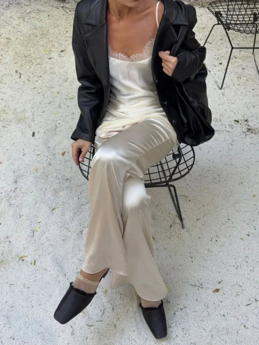 Damen Satin Hose Weites Bein – Dunkelgrün