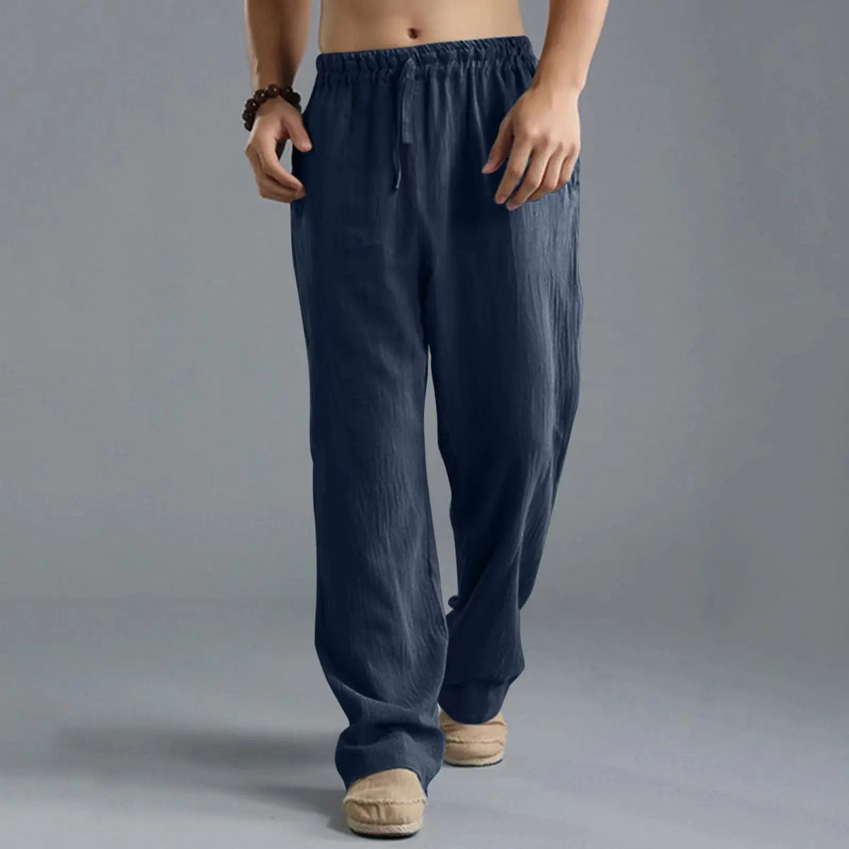 Unisex Leinenhose Weites Bein Beige Elastischer Bund
