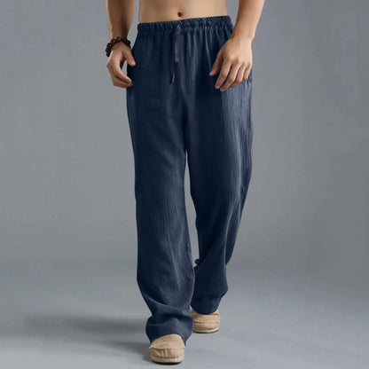 Unisex Leinenhose Weites Bein Beige Elastischer Bund