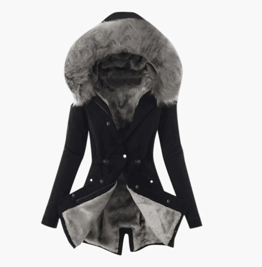 Damen Wintermantel mit Kapuze und Kunstfell-Futter – Eleganter, warmer Parka für kalte Tage
