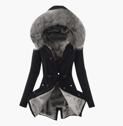 Damen Wintermantel mit Kapuze und Kunstfell-Futter – Eleganter, warmer Parka für kalte Tage