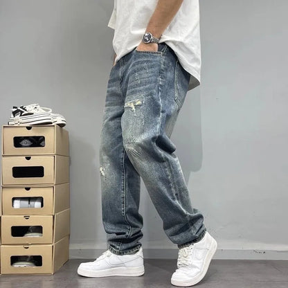 Jeans Herren Weite Passform Used-Look Blau Zerrissen