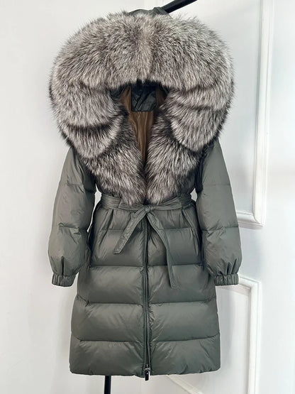 Damen Daunenmantel Schwarz mit Echtfellkragen und Bindegürtel Langer Winterparka