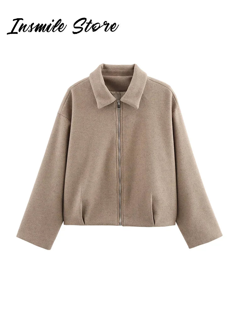 Kurze Jacke für Damen, lockerer Schnitt, Reißverschluss, Kragen, in verschiedenen Farben