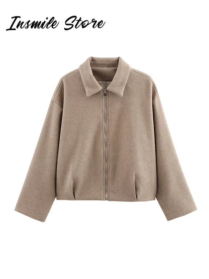 Kurze Jacke für Damen, lockerer Schnitt, Reißverschluss, Kragen, in verschiedenen Farben