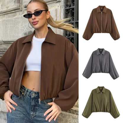 Damen Cropped Jacke Reißverschluss Stehkragen Langarm