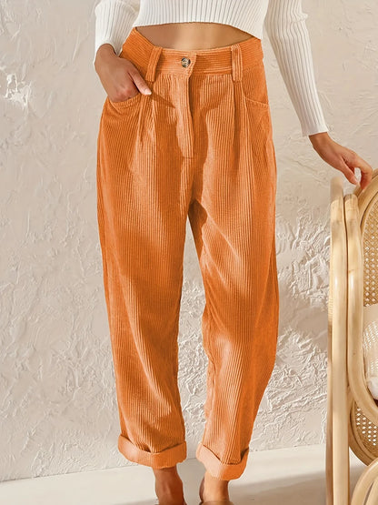 Damen Cordhose Plissee High Waist Cropped-Hose mit Falten