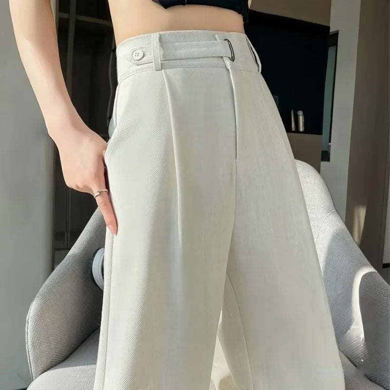 Damen Weite Hose Hoher Bund Elegant mit Falten Beige