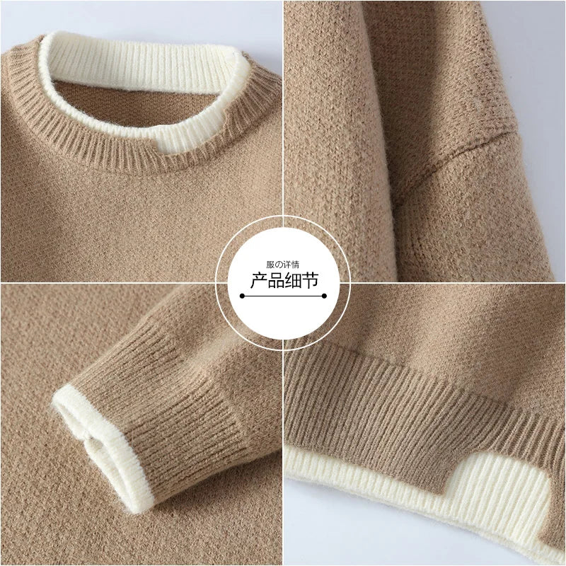 Unisex Strickpullover Rundhals mit zweifarbigen Rippbündchen Rosa