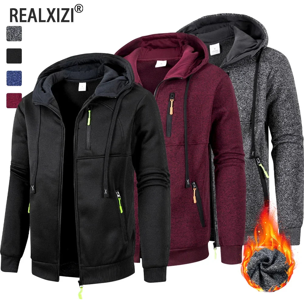 Herren Kapuzenjacke mit Reißverschluss und Taschen Warm