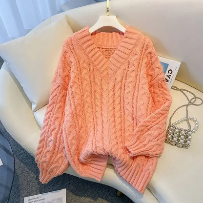 Damen Grobstrick Pullover mit Zopfmuster und V-Ausschnitt – Winter Must-Have, Lässiger Stil, Ideal für Alltag und Layering