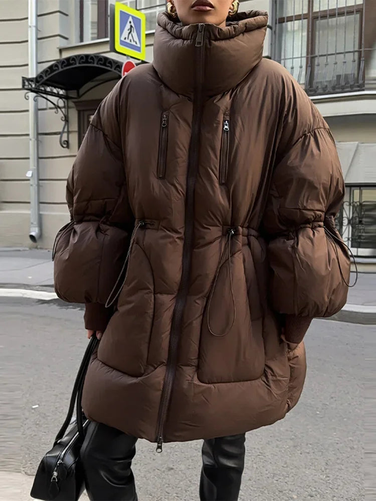 Damen Steppjacke Braun Oversize Hochkragen Kordelzug