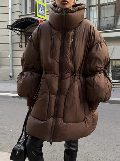 Damen Steppjacke Braun Oversize Hochkragen Kordelzug