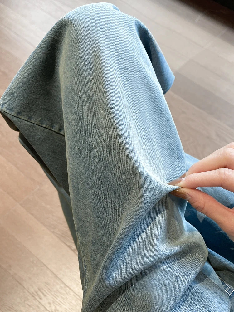 Damen Weite Hose Jeans Optik mit Gummibund Blau Schwarz Weiß
