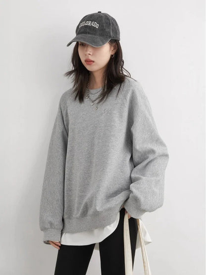 Damen Sweatshirt Rundhals Langarm Bestickt Türkis
