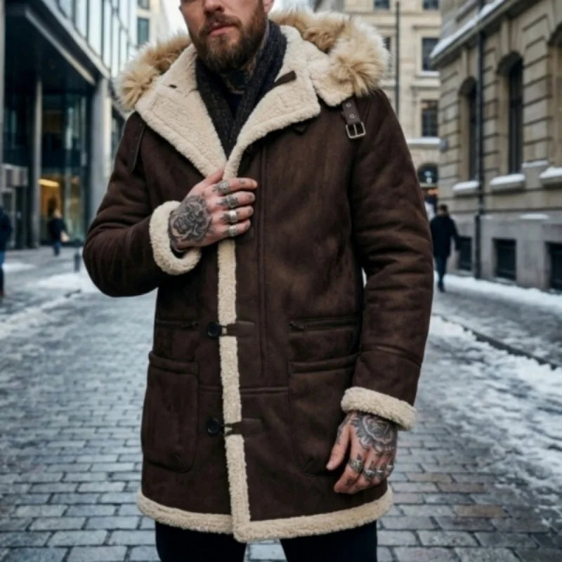Herren Winterjacke mit Kapuze Pelzimitat Futter Lang Wintermantel Grau