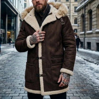 Herren Winterjacke mit Kapuze Pelzimitat Futter Lang Wintermantel Grau
