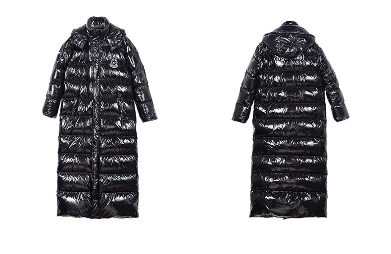 Langer Schwarzer Glänzender Puffer Steppmantel mit Kapuze für Herren