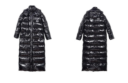 Langer Schwarzer Glänzender Puffer Steppmantel mit Kapuze für Herren