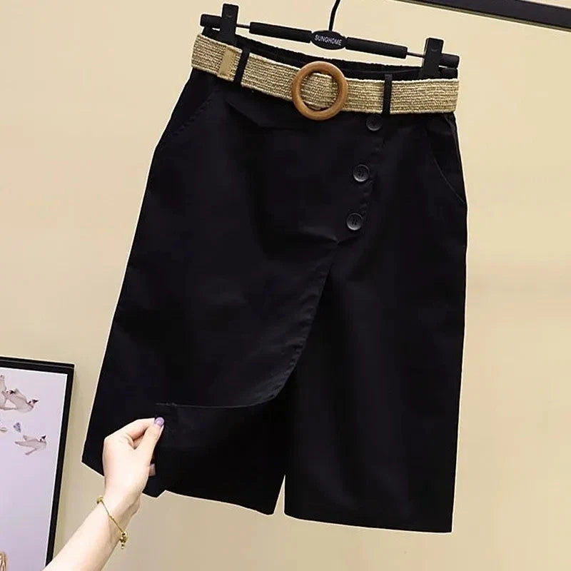 Damen Culottes Shorts mit Wickel-Optik und Gürtel, Knopfleiste, hoher Bund