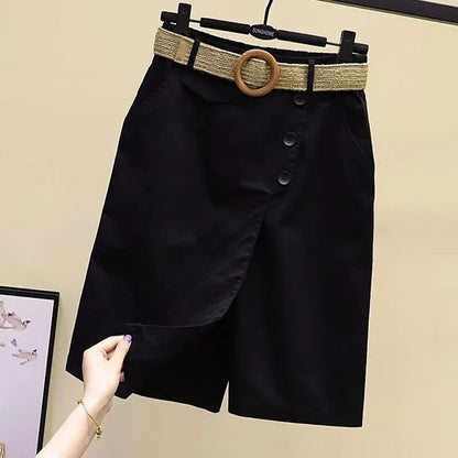 Damen Culottes Shorts mit Wickel-Optik und Gürtel, Knopfleiste, hoher Bund