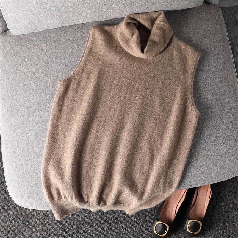 Damen Rollkragen Weste Ärmellos Strickpullover Unifarben