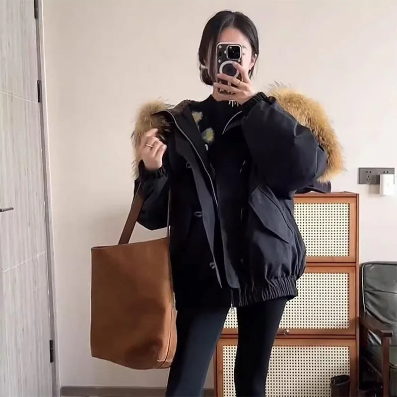 Damen Winterjacke mit Kapuze und Fellkragen Beige
