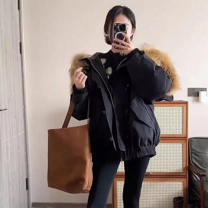 Damen Winterjacke mit Kapuze und Fellkragen Beige