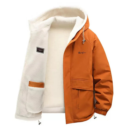 Herren Winterjacke mit Kapuze und Teddyfutter, Winddichte Übergangsjacke