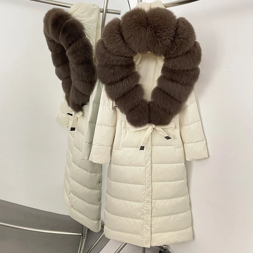 OFTBUY Grote Echte Vos Bontkraag X-Lange Puffer Jas Vrouwen Capuchon Winter Witte Eend Down Jas Dikke Vrouwelijke parka Met Riem