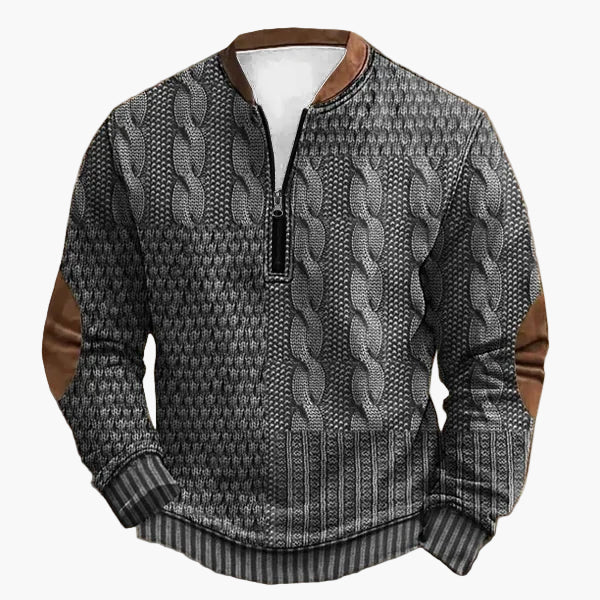 Herren Strickpullover im Vintage-Stil mit Reißverschluss – Modischer Freizeit-Sweater mit Kunstleder-Details