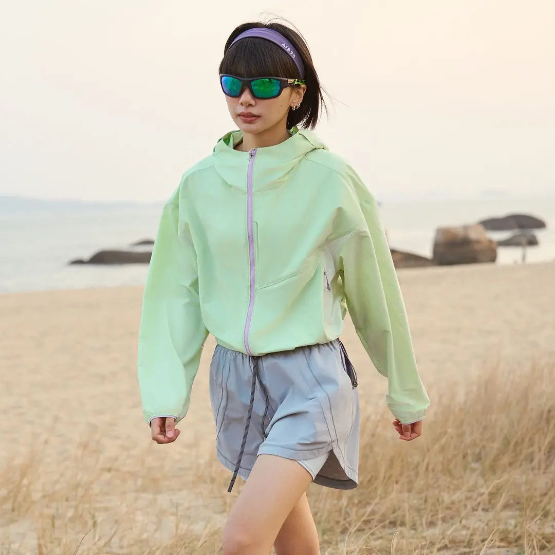 Damen Kurze Kapuzenjacke Windbreaker Leicht Reißverschluss