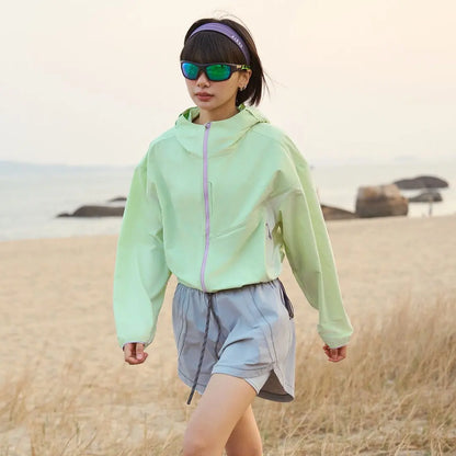 Damen Kurze Kapuzenjacke Windbreaker Leicht Reißverschluss