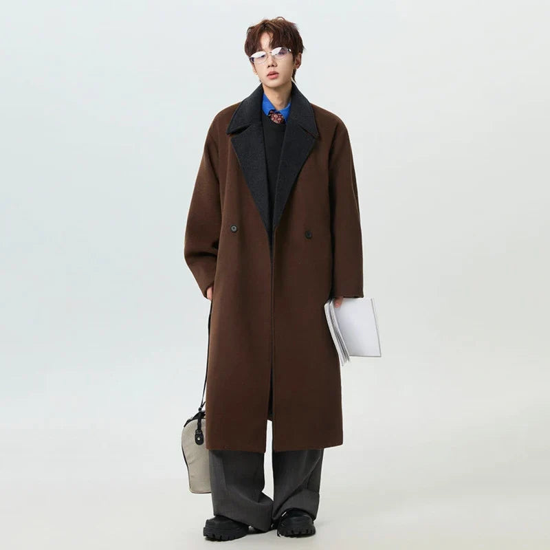 Herren Langmantel mit Revers, zweireihig, Braun
