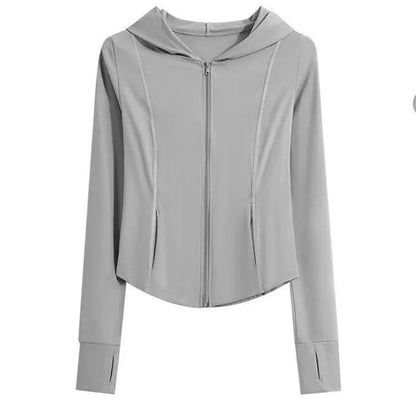 Damen Sportjacke mit Kapuze und Reißverschluss, tailliert, Daumenlöchern, langärmelig, Rosa