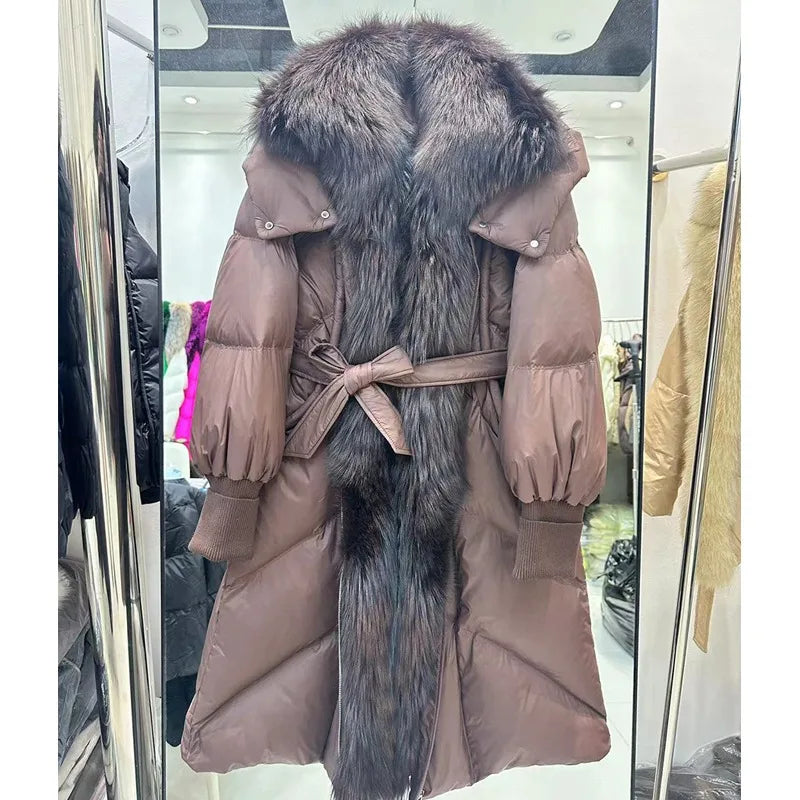 Damen Daunenmantel lang mit Kunstpelzkragen und Gürtel Steppjacke