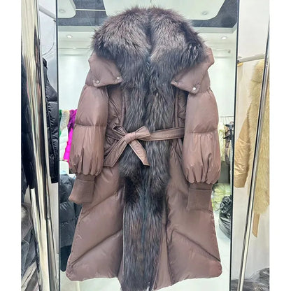 Damen Daunenmantel lang mit Kunstpelzkragen und Gürtel Steppjacke