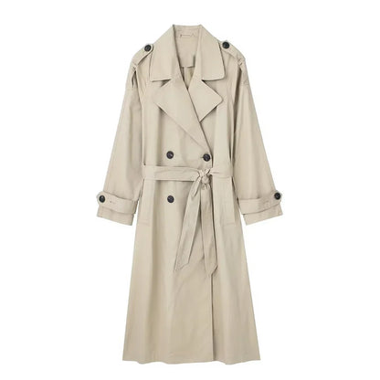 Damen Trenchcoat Lang mit Gürtel Zweireihig Khaki/Grün