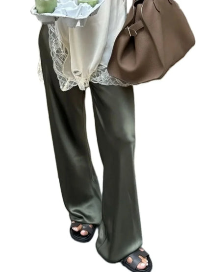Damen Satin Hose Weites Bein – Dunkelgrün