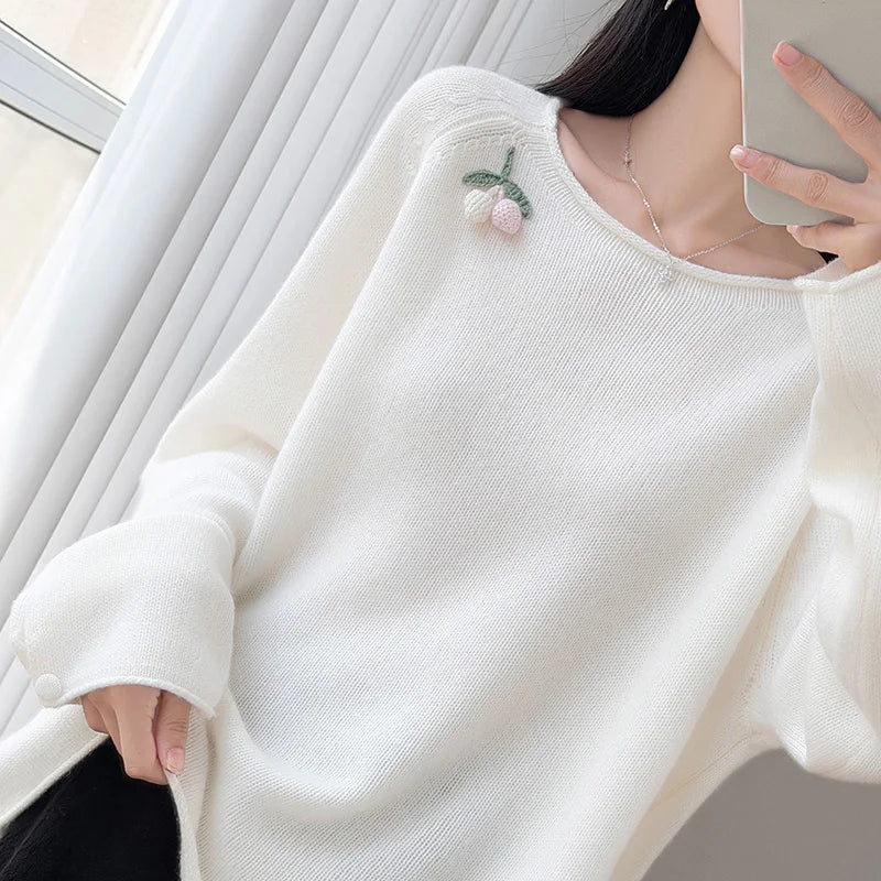 Damen Pullover Langarm Rundhals mit Beeren-Applikation