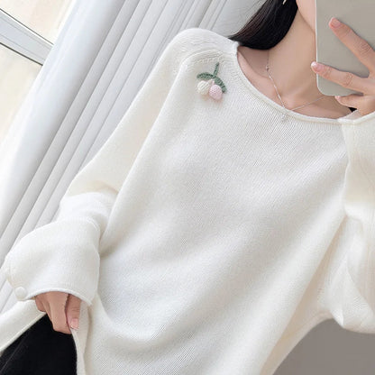 Damen Pullover Langarm Rundhals mit Beeren-Applikation