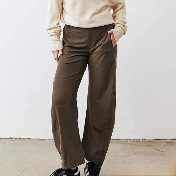 Damen Freizeithose Weites Bein Elastischer Bund Bequeme Stoffhose