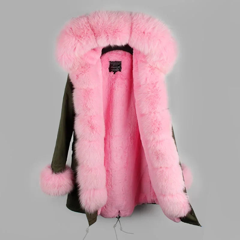 Damen Winterparka mit Kapuze & Pelzimitat-Futter in Rosa