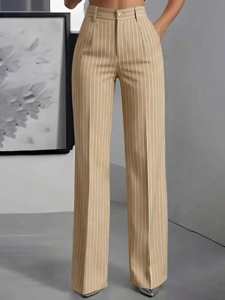 Damen High-Waist Stoffhose mit weitem Bein und Nadelstreifen